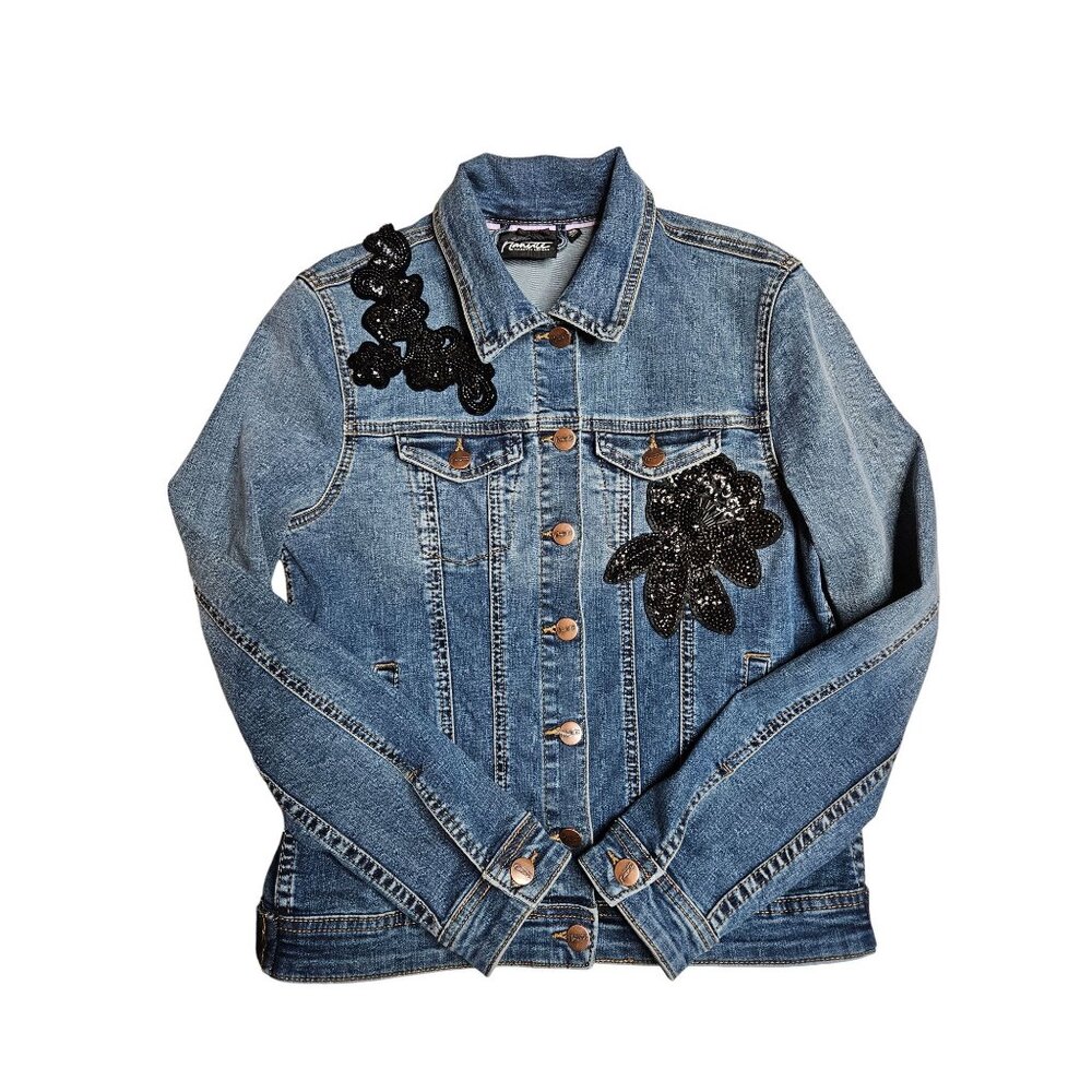 Nanette Lepore Womens XS Denim Button Jacket Black Sequin Floral Streetwear - Picture 2 of 11
